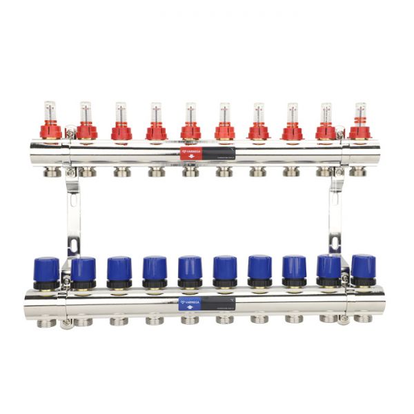 Коллекторная группа с расходомерами Varmega VM15410 ВР 1", на 10 контуров 3/4" EK, латунь