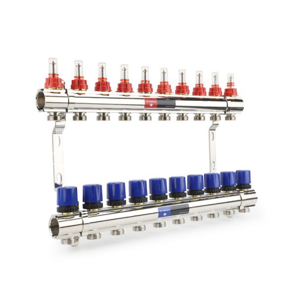 Коллекторная группа с расходомерами Varmega VM15410 ВР 1", на 10 контуров 3/4" EK, латунь