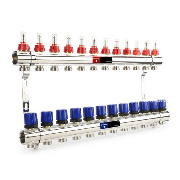 Коллекторная группа с расходомерами Varmega VM15412 ВР 1", на 12 контуров 3/4" EK, латунь