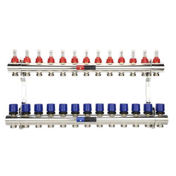 Коллекторная группа с расходомерами Varmega VM15413 ВР 1", на 13 контуров 3/4" EK, латунь