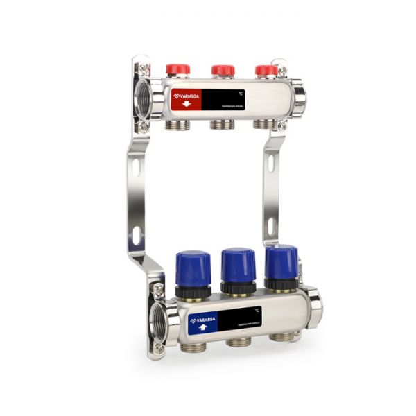 Распределительный коллектор (группа) для отопления Varmega VM15503 ВР 1", на 3 контура 3/4" EK, нержавеющая сталь