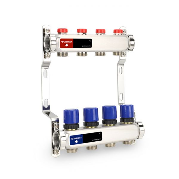 Распределительный коллектор (группа) для отопления Varmega VM15504 ВР 1", на 4 контура 3/4" EK, нержавеющая сталь