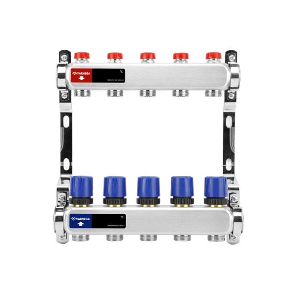 Распределительный коллектор (группа) для отопления Varmega VM15505 ВР 1", на 5 контуров 3/4" EK, нержавеющая сталь