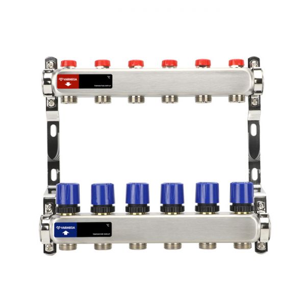 Распределительный коллектор (группа) для отопления Varmega VM15506 ВР 1", на 6 контуров 3/4" EK, нержавеющая сталь