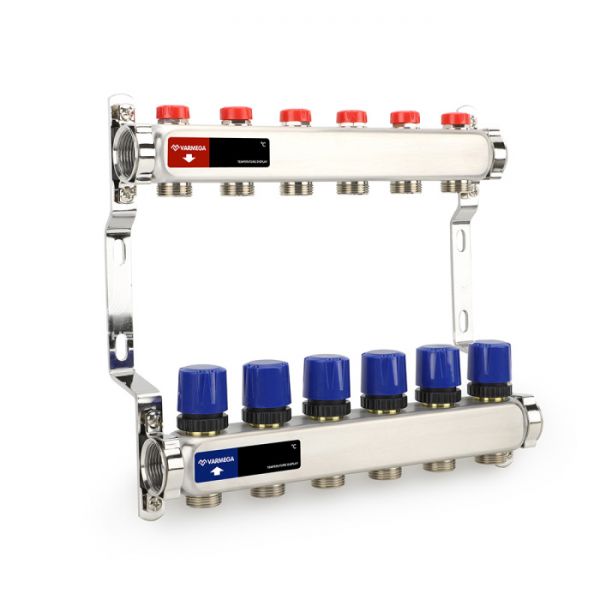 Распределительный коллектор (группа) для отопления Varmega VM15506 ВР 1", на 6 контуров 3/4" EK, нержавеющая сталь