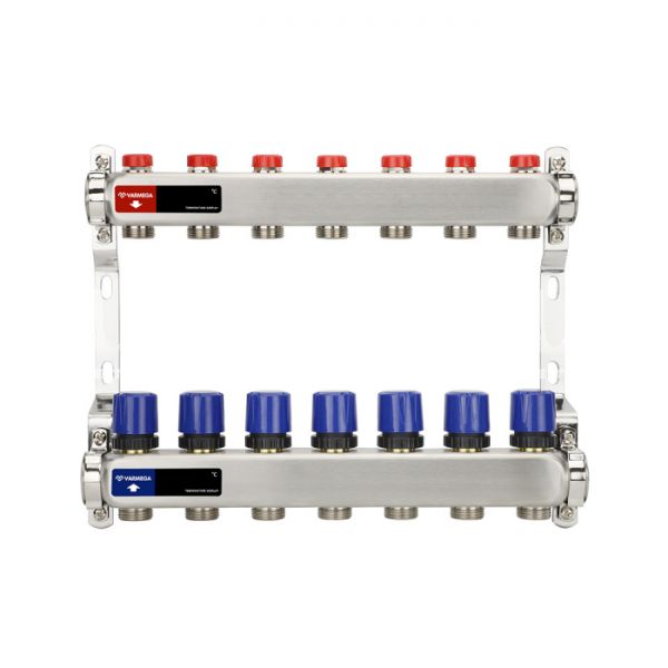 Распределительный коллектор (группа) для отопления Varmega VM15507 ВР 1", на 7 контуров 3/4" EK, нержавеющая сталь