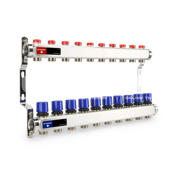 Распределительный коллектор (группа) для отопления Varmega VM15510 ВР 1", на 10 контуров 3/4" EK, нержавеющая сталь