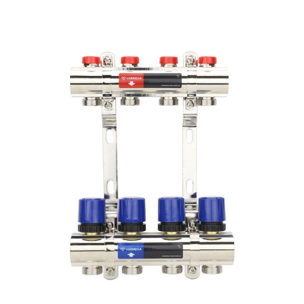 Коллекторная группа для отопления Varmega VM15804 ВР 1", на 4 контура 3/4" EK, латунь