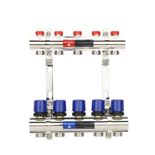 Коллекторная группа для отопления Varmega VM15805 ВР 1", на 5 контуров 3/4" EK, латунь