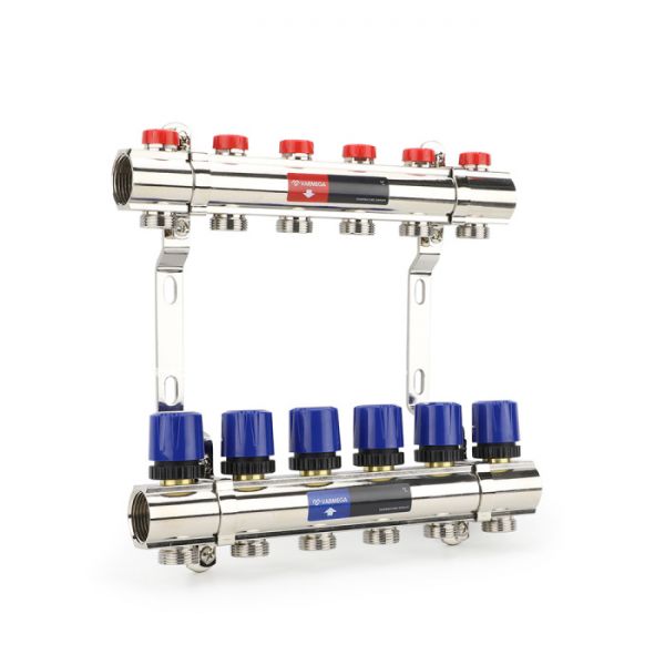 Коллекторная группа для отопления Varmega VM15806 ВР 1", на 6 контуров 3/4" EK, латунь