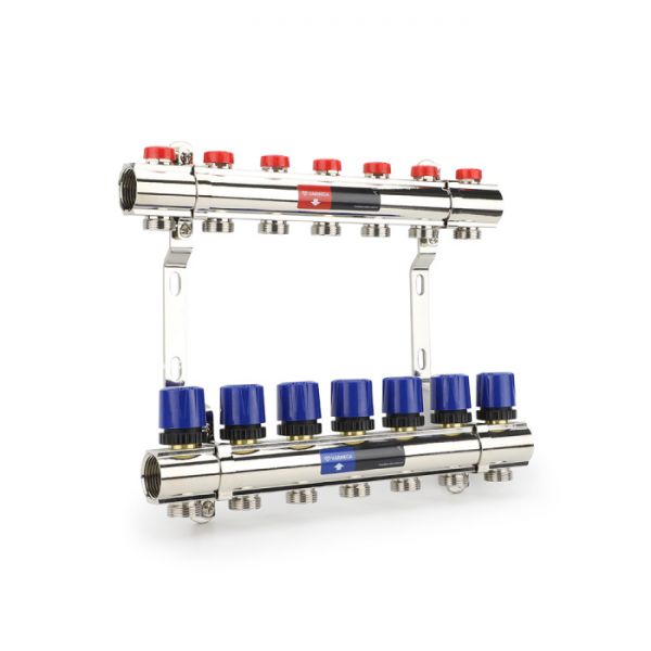 Коллекторная группа для отопления Varmega VM15807 ВР 1", на 7 контуров 3/4" EK, латунь