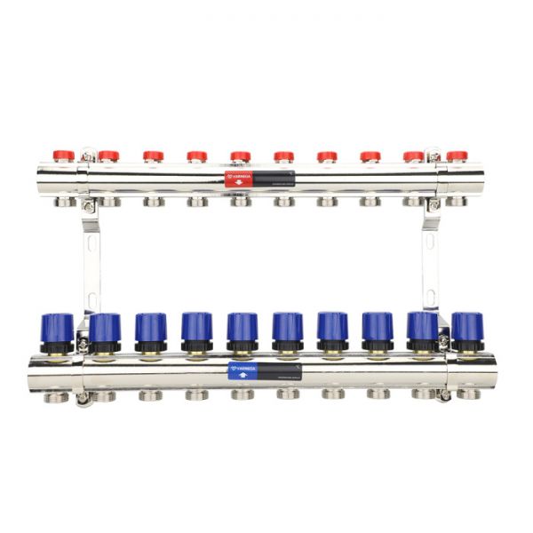 Коллекторная группа для отопления Varmega VM15810 ВР 1", на 10 контуров 3/4" EK, латунь