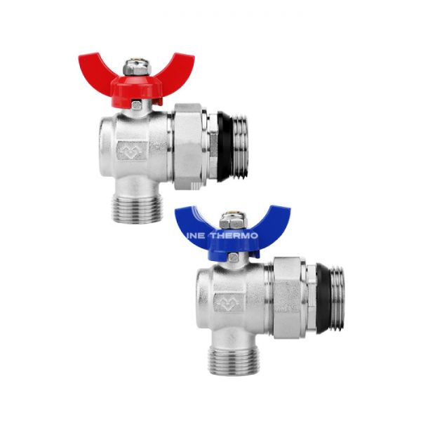 Комплект угловых шаровых кранов Varmega VM15956, 1"x3/4" НР-НР, с разъемным соединением, ручка-бабочка, для коллекторных групп