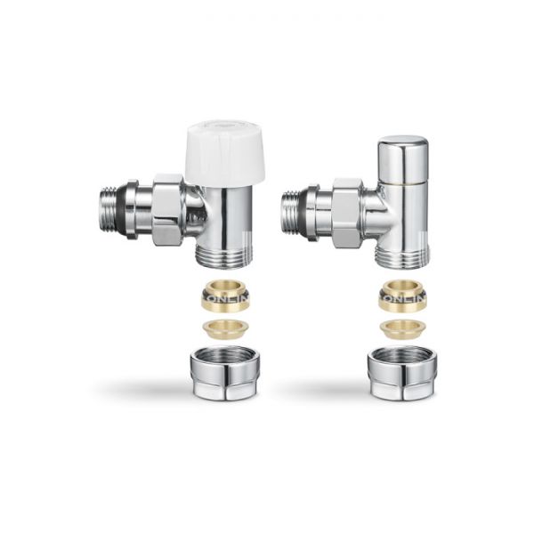 Комплект термостатический с запорным клапаном Varmega №1 VMDV10-410415, 1/2" x 3/4"EK ВР-НР, угловой, хром