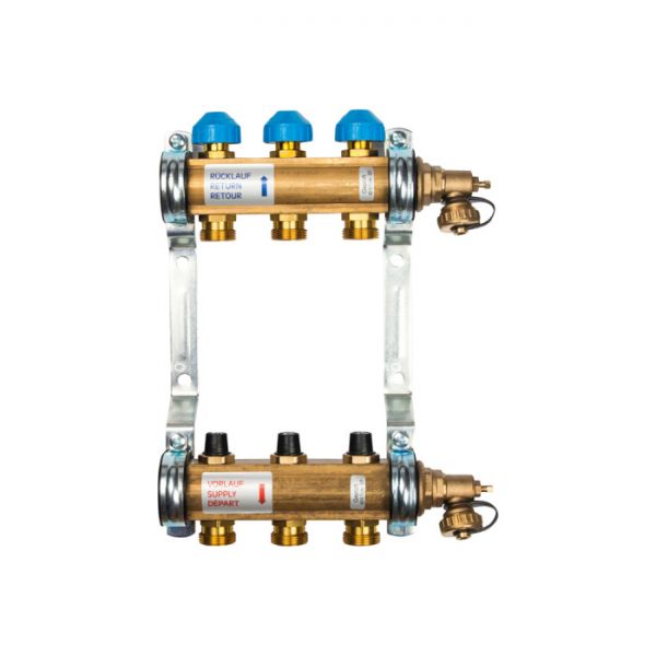 Распределительный коллектор (группа) для отопления Watts HKV-3 10004174 ВР 1", на 3 контура 3/4" ЕК, латунь, с концевыми группами