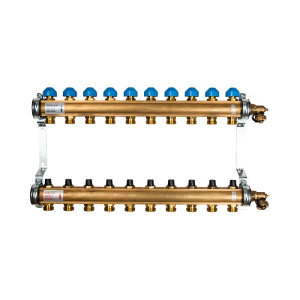 Распределительный коллектор (группа) для отопления Watts HKV-10 10004188 ВР 1", на 10 контуров 3/4" ЕК, латунь, с концевыми группами