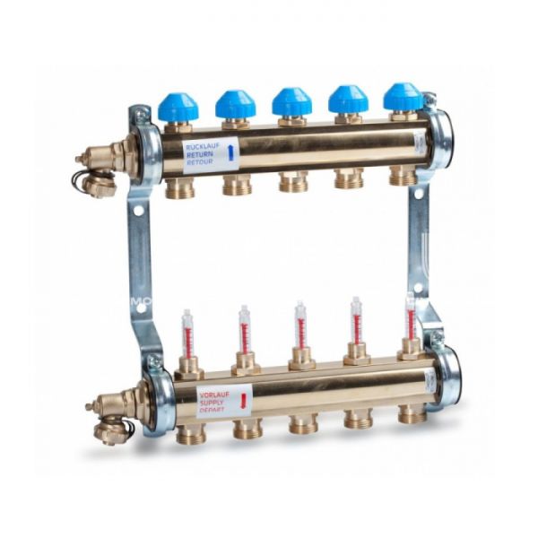 Распределительный коллектор (группа) с расходомерами Watts HKV/T-11 10004205 ВР 1", на 11 контуров 3/4" ЕК, латунь, с концевыми группами