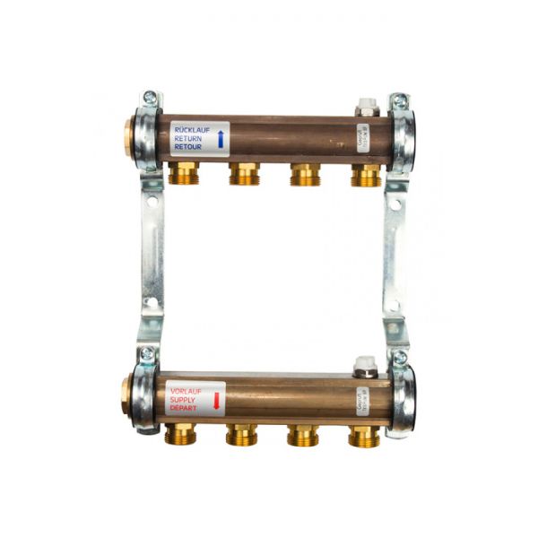 Распределительный коллектор (группа) для отопления Watts HKV/A-4 10004542 ВР 1", на 4 контура 3/4" ЕК, латунь, нерегулирующий