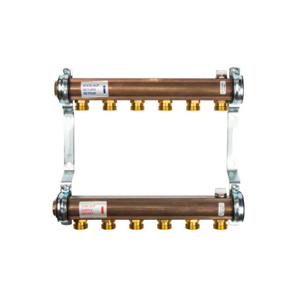 Распределительный коллектор (группа) для отопления Watts HKV/A-6 10004546 ВР 1", на 6 контуров 3/4" ЕК, латунь, нерегулирующий