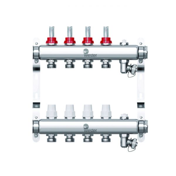 Распределительный коллектор (группа) с расходомерами Wester W902.4, 0-32-1820, 1", на 4 контура 3/4" EK, нержавеющая сталь