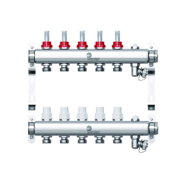Распределительный коллектор (группа) с расходомерами Wester W902.5, 0-32-1825, 1", на 5 контуров 3/4" EK, нержавеющая сталь
