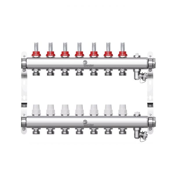Распределительный коллектор (группа) с расходомерами Wester W902.7, 0-32-1835, 1", на 7 контуров 3/4" EK, нержавеющая сталь