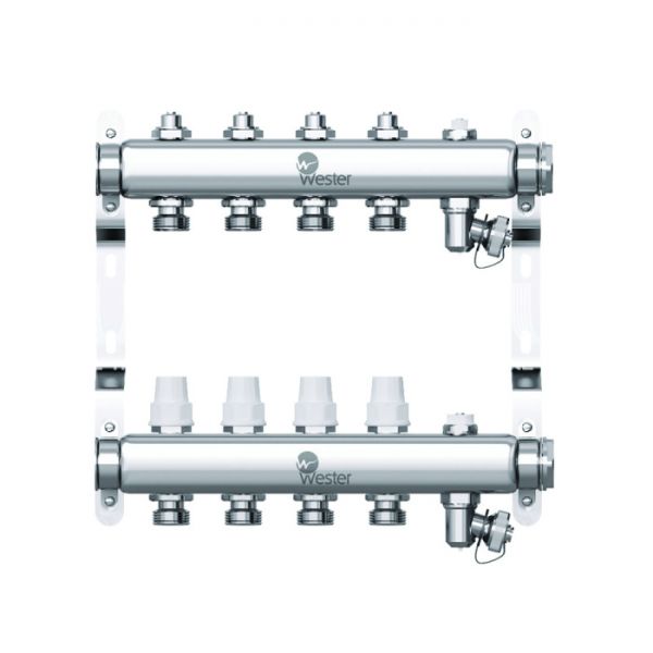 Распределительный коллектор (группа) Wester W903.4, 0-32-1875, 1", на 4 контура 3/4" EK, нержавеющая сталь, с 2 заглушками
