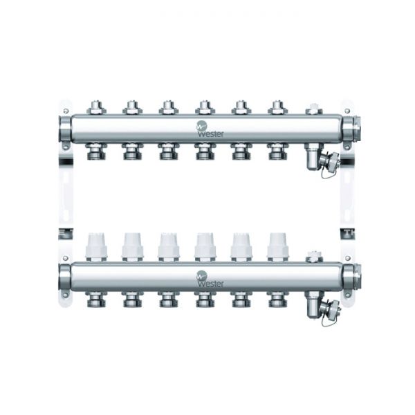 Распределительный коллектор (группа) Wester W903.6, 0-32-1885, 1", на 6 контуров 3/4" EK, нержавеющая сталь, с 2 заглушками