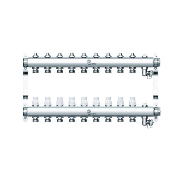 Распределительный коллектор (группа) Wester W903.9, 0-32-1900, 1", на 9 контуров 3/4" EK, нержавеющая сталь, с 2 заглушками
