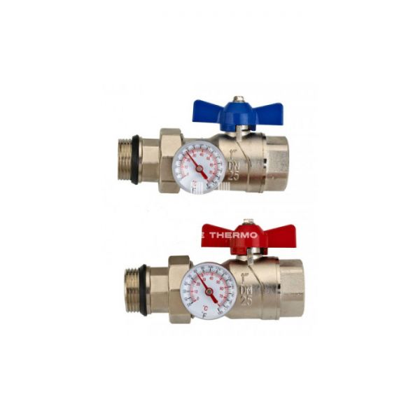 Комплект шаровых кранов Wester 1" ВР-НP с накидной гайкой и термометрами, 2 шт.