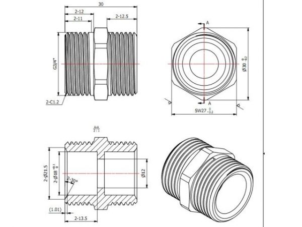Ниппель под евроконус 3/4' нар.-нар., AV Engineering (инд. упак.)(Латунь, макс.  16 бар, макс.  100 °С)