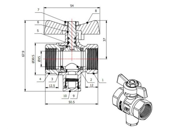 Кран шаровый 1/2' вн.-вн. бабочка, под датчик температуры PN40, AV Engineering(Латунь, макс. 40 бар, макс. 110 °С)