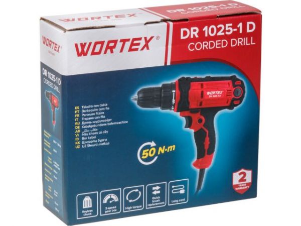 Дрель-шуруповерт WORTEX DR 1025-1 D в кор. 300 Вт, 50 Нм, 2 скор., быстрозажимной патрон: 10 мм(Длина шнура 4 метра)