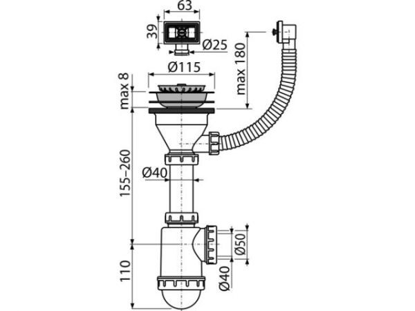 Сифон для мойки с нержавеющей peшeткой D115, гофропереливом, Alcaplast