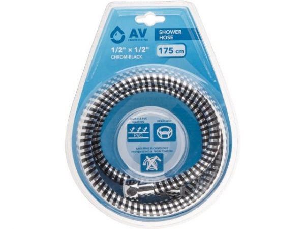 Шланг душевой, PVC, 1/2' г-г 175 см, хром-черн., AV Engineering(Гайка лаутнь (anti-twist), 10 бар)