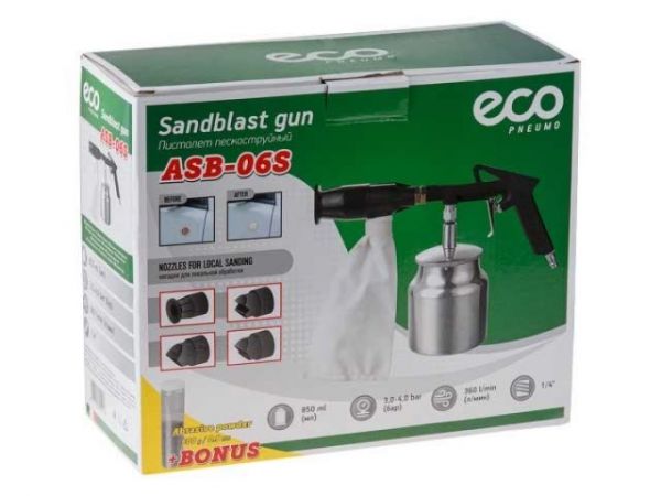 Пистолет пескоструйный с баком ASB-06S ECO(Рабочее давление: 3-4 бар; 360 л/мин; Резервуар: 850 мл;)