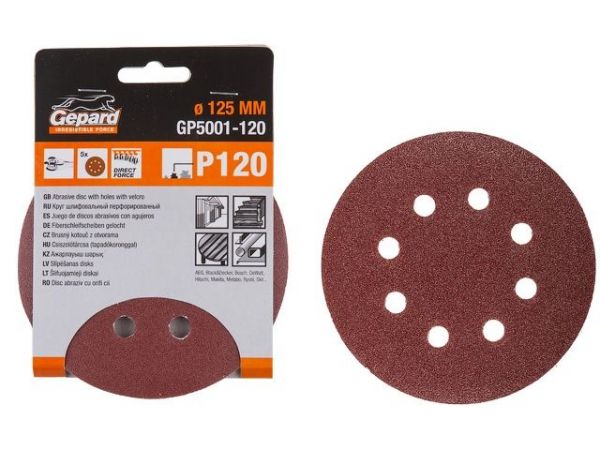 Шлифлист 125мм круг Р80 д/дерева 8 отв. 5шт. GEPARD (GP5001-80)(круг абразивный шлифовальный перфорированный)
