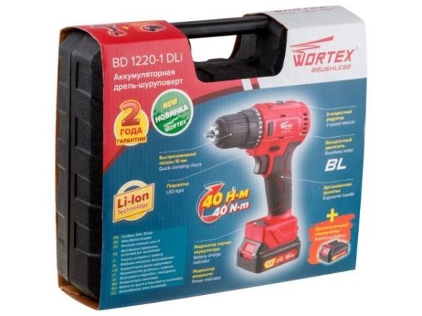 Дрель-шуруповерт WORTEX BD 1220-1 DLi в чем. БЕСЩЕТ, 12 В, 40 Н*м, 2х1.5 Ач, БЗП 10 мм(шур. до 6 мм, НЕ подходит к линейке ALL1)