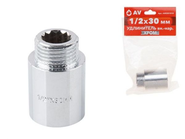 Удлинитель 1/2' вн.-нар. х 30 мм усиленный ХРОМ, AV Engineering (инд. упак.)(Латунь, макс.  16 бар, макс.  110 °С)