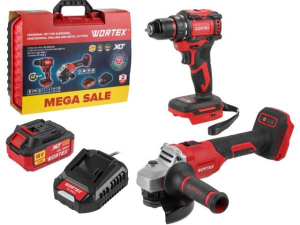 Набор инструмента WORTEX шуруповерт + ушм в чем. ALL1 XLT SET СКИДКА -16%(дрель-шур. WORTEX BD 2025 DLi + УШМ WORTEX LX CAG 1812-1 E + 1 АКБ 4А*ч + ЗУ 2 А)