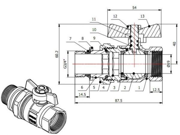 Кран шаровый 3/4' нар.-вн. бабочка (со сгоном) PN40, AV Engineering(Латунь, макс.  40 бар, макс.  110 °С, с уплотнительным кольцом)