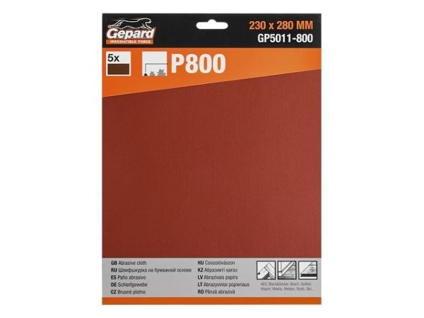 Шлифлист 230х280мм Р800 бум.осн. 5шт. GEPARD (GP5011-800)(бумага наждачная абразивная, лист шлифовальный абразивный, шлифшкурка)