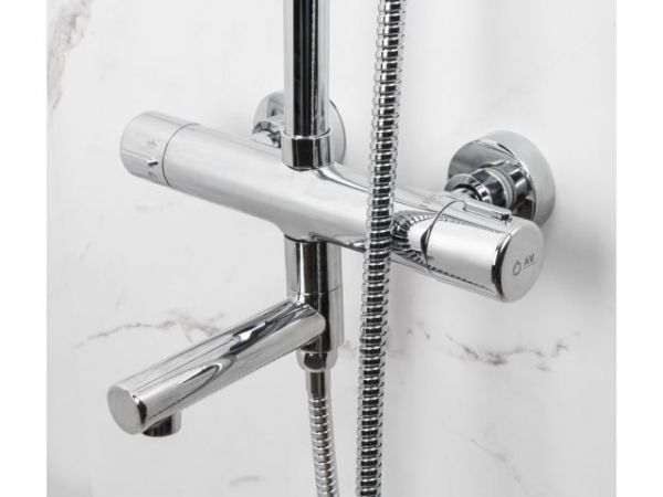 Душевая термостатическая система с изливом (Lt), серия THS хром, AV Engineering(Короткий излив, длина 116 мм, лейка и шланг в комплекте, монолитный, на стену)