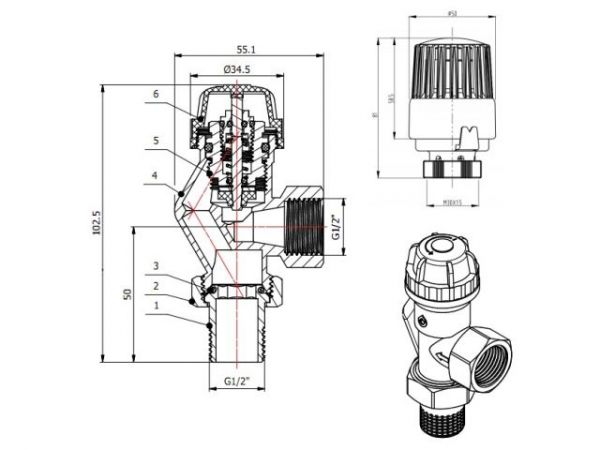 Кран вентильный осевой 1/2' вн.-нар. для радиатора с термоголовой, AV Engineering(Латунь, макс.  16 бар, макс.  110 °С, M30x1.5, подача)