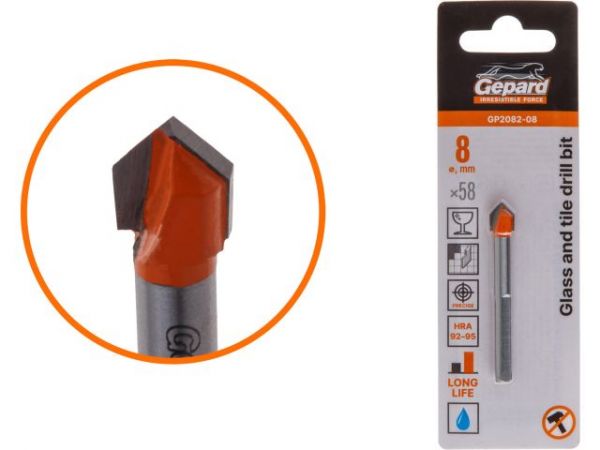 Сверло по кафелю/стеклу  8x58 мм трехгр. хвостовик GEPARD (GP2082-08)(по керамической плитке)