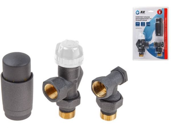 Комплект кранов осевой 1/2' для радиатора Серый, AV Engineering (инд. упак.)(M30x1.5)