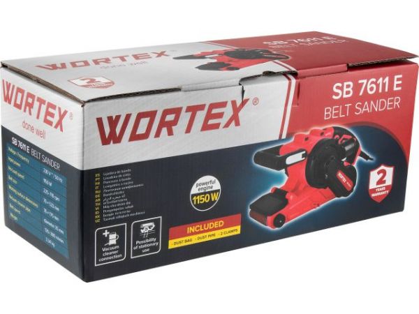 Ленточная шлифмашина Wortex SB 7611 E в кор. 1150 Вт, лента 76х533 мм, крепление к столу(120-380 м/мин, откидной носик)