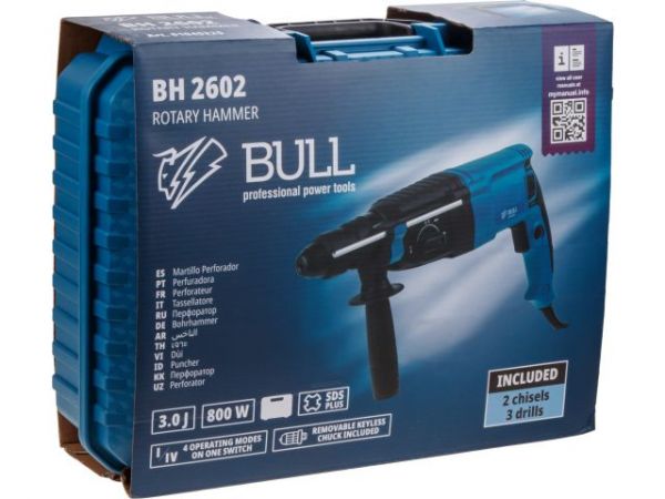 Перфоратор BULL BH 2602 в чем. 800 Вт, 3.0 Дж, 4 реж. + 2 зубила, 3 сверла, БЗП в комплекте(800 Вт, 3.0 Дж, 4 реж., патрон SDS-plus, БЗП в комплекте, вес 3.4 кг)