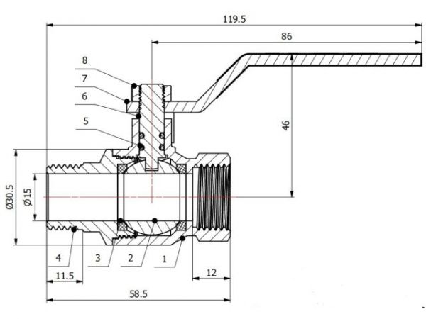 Кран шаровый 1/2' нар.-вн. ручка PN40, AV Engineering(Латунь, макс.  40 бар, макс.  110 °С)