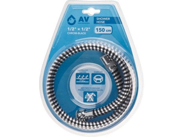 Шланг душевой, PVC, 1/2' г-г 150 см, хром-черн., AV Engineering(Гайка латунь, 10 бар)
